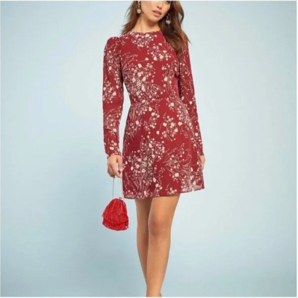 EUC $200 Reformation Romee Red Floral Long Sleeve Mini Dress